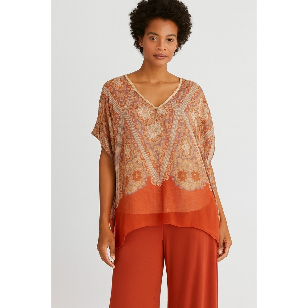 Maeve Anthropologie Orange Paisley 100% Silk Tunic Top Boho Fall